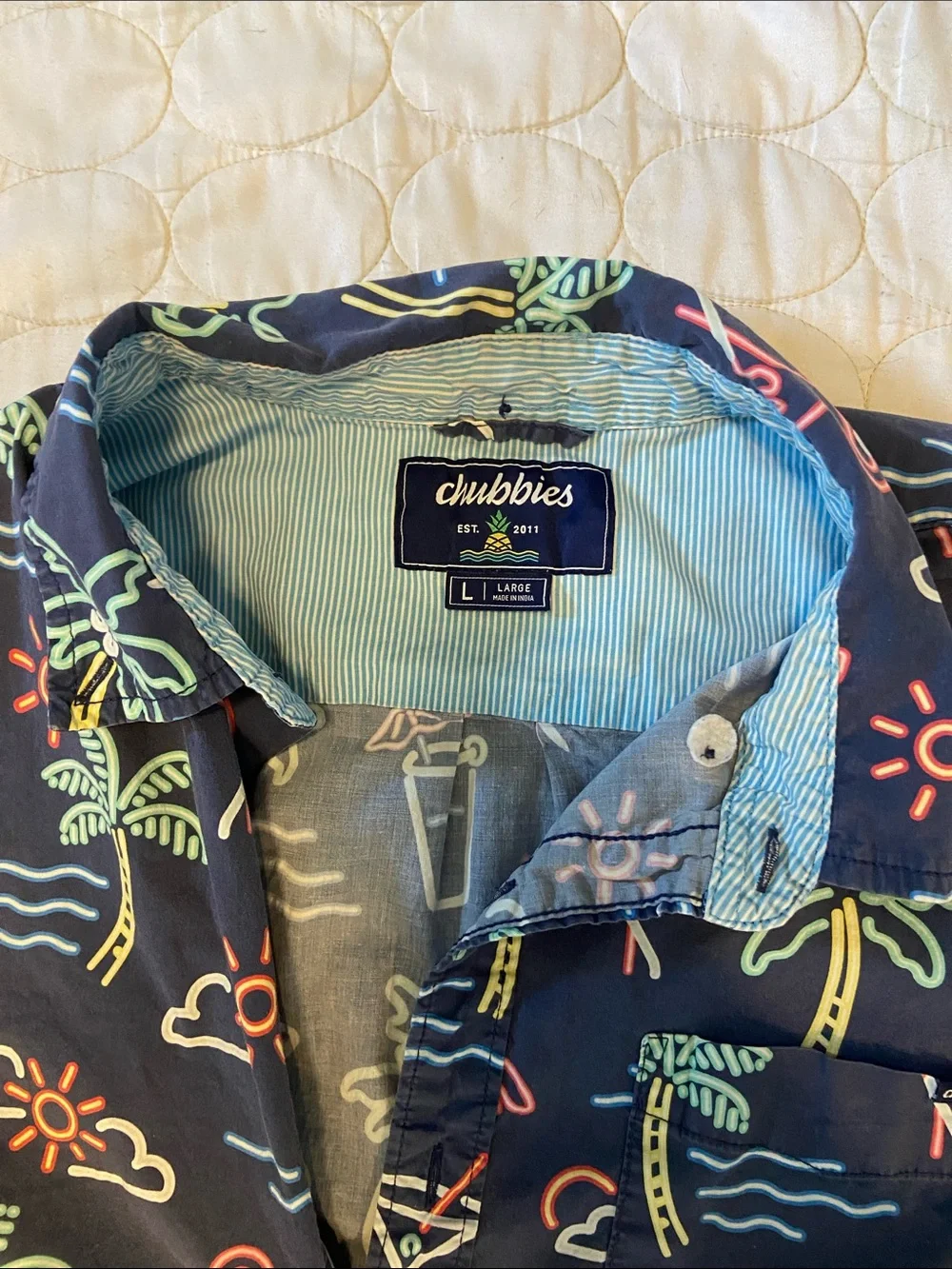 chubbies Navy Short-Sleeve Button-Down with Neon Palm & Flamingo Print